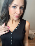 S-3X Iridescent Pearl Faux Button Black Sleeveless Top