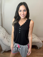 S-3X Iridescent Pearl Faux Button Black Sleeveless Top