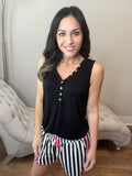 S-3X Iridescent Pearl Faux Button Black Sleeveless Top