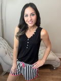 S-3X Iridescent Pearl Faux Button Black Sleeveless Top