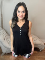 S-3X Iridescent Pearl Faux Button Black Sleeveless Top