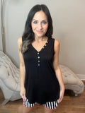 S-3X Iridescent Pearl Faux Button Black Sleeveless Top
