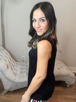 S-3X Iridescent Pearl Faux Button Black Sleeveless Top