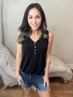S-3X Iridescent Pearl Faux Button Black Sleeveless Top