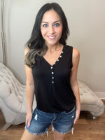 S-3X Iridescent Pearl Faux Button Black Sleeveless Top