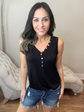 S-3X Iridescent Pearl Faux Button Black Sleeveless Top