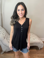 S-3X Iridescent Pearl Faux Button Black Sleeveless Top