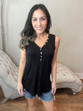 S-3X Iridescent Pearl Faux Button Black Sleeveless Top