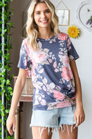 S-3X Navy Floral With Origami Detail Short Sleeve Top