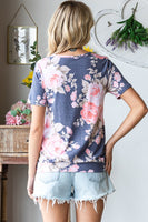 S-3X Navy Floral With Origami Detail Short Sleeve Top