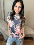 S-3X Navy Floral With Origami Detail Short Sleeve Top