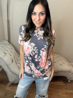 S-3X Navy Floral With Origami Detail Short Sleeve Top