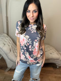 S-3X Navy Floral With Origami Detail Short Sleeve Top
