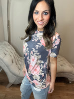 S-3X Navy Floral With Origami Detail Short Sleeve Top