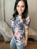 S-3X Navy Floral With Origami Detail Short Sleeve Top