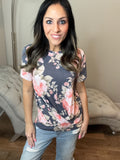 S-3X Navy Floral With Origami Detail Short Sleeve Top