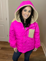 Small Only - Quilted Sherpa Puffer Jacket With Hoodie