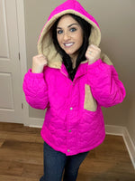 Small Only - Quilted Sherpa Puffer Jacket With Hoodie