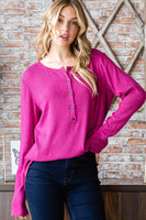 S XXXL Long Sleeve Two Tone Fuchsia Ribbed Button Round Hem Blouse