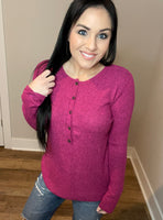 S XXXL Long Sleeve Two Tone Fuchsia Ribbed Button Round Hem Blouse