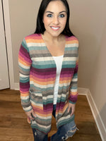 S-3X Multi Color Striped Cardigan With Pockets