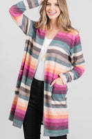 S-3X Multi Color Striped Cardigan With Pockets