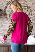 S-3X Fuchsia Leopard Long Sleeve V-Neck Top