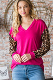 S-3X Fuchsia Leopard Long Sleeve V-Neck Top