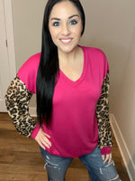 S-3X Fuchsia Leopard Long Sleeve V-Neck Top