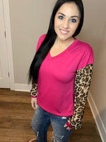 S-3X Fuchsia Leopard Long Sleeve V-Neck Top