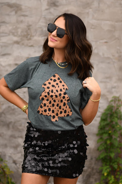 PREORDER - Heather Hunter Green Cheetah Christmas Tree Graphic Tee