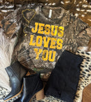 PREORDER - Jesus Loves You Gold Foil Camo Tee