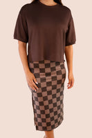 PREORDER - Jess Lea Chocolate Checkered Printed Midi Skirt