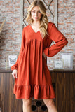 S-3X Rust Babydoll Dress Long Sleeve With Pockets
