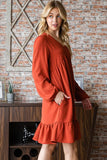 S-3X Rust Babydoll Dress Long Sleeve With Pockets