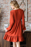S-3X Rust Babydoll Dress Long Sleeve With Pockets