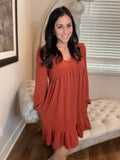 S-3X Rust Babydoll Dress Long Sleeve With Pockets