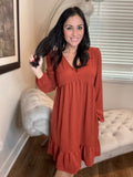 S-3X Rust Babydoll Dress Long Sleeve With Pockets