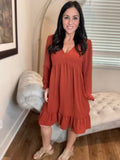 S-3X Rust Babydoll Dress Long Sleeve With Pockets
