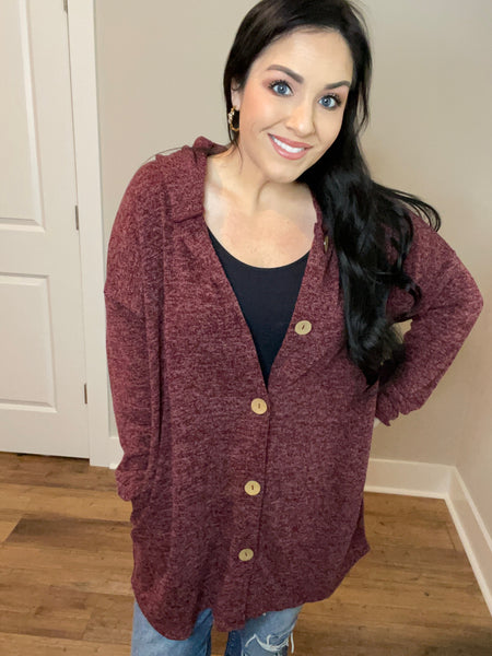 S-XXL Oversized Heather Burgundy Button Down Cardigan Hoodie