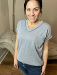 S-XXXL Ribbed Vintage Blue Pocket Dolman Top