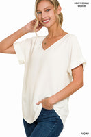 S L Ivory Woven Rolled Sleeve V-Neck Top