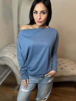 Denim Blue Asymmetrical Neckline Waffle Knit Top