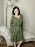 Dolman Balloon Sleeve Olive V-Neck Dress