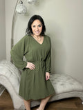 Dolman Balloon Sleeve Olive V-Neck Dress