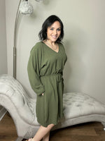 Dolman Balloon Sleeve Olive V-Neck Dress