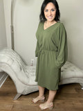 Dolman Balloon Sleeve Olive V-Neck Dress