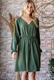 Dolman Balloon Sleeve Olive V-Neck Dress