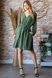 Dolman Balloon Sleeve Olive V-Neck Dress