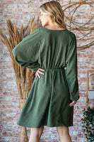 Dolman Balloon Sleeve Olive V-Neck Dress